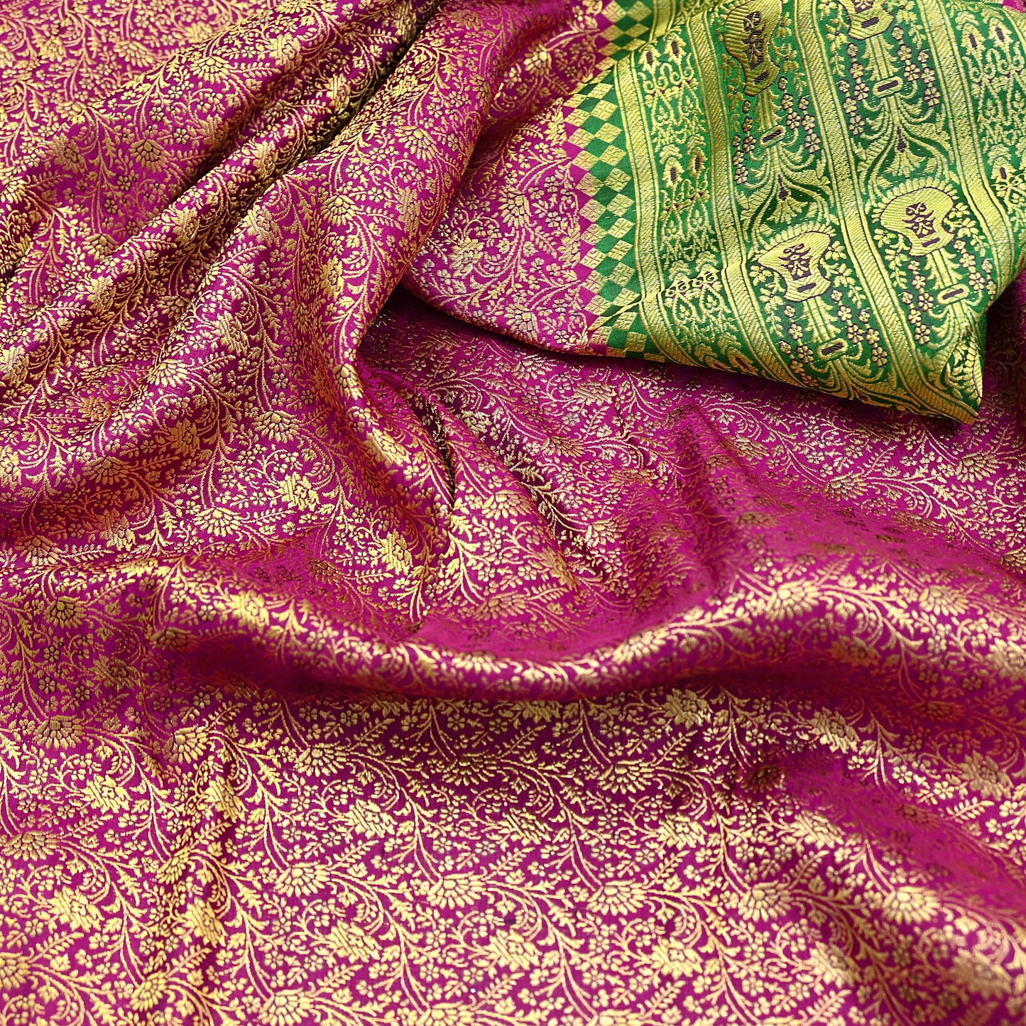 Vintage Banarasi Silk Saree Rani Pink Green Heavy Satin Silk Brocade Fabric Golden Zari Bridal Wedding Crafting 5 Yard