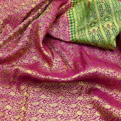 Vintage Banarasi Silk Saree Rani Pink Green Heavy Satin Silk Brocade Fabric Golden Zari Bridal Wedding Crafting 5 Yard