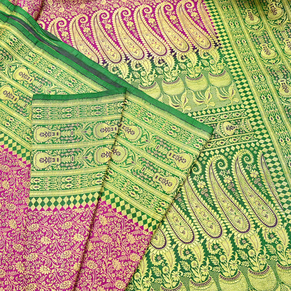 Vintage Banarasi Silk Saree Rani Pink Green Heavy Satin Silk Brocade Fabric Golden Zari Bridal Wedding Crafting 5 Yard