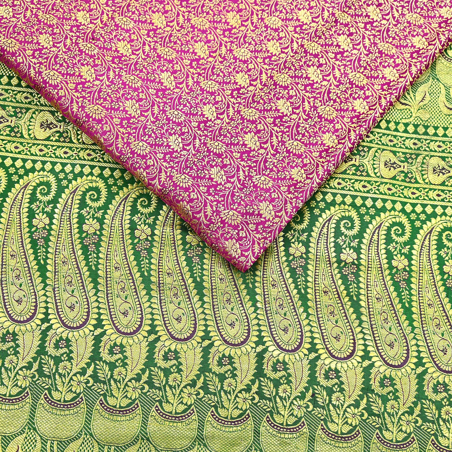 Vintage Banarasi Silk Saree Rani Pink Green Heavy Satin Silk Brocade Fabric Golden Zari Bridal Wedding Crafting 5 Yard