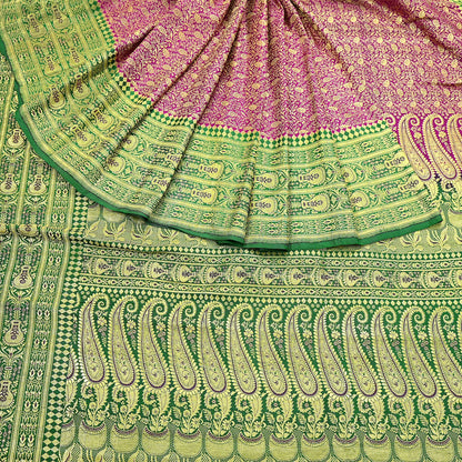 Vintage Banarasi Silk Saree Rani Pink Green Heavy Satin Silk Brocade Fabric Golden Zari Bridal Wedding Crafting 5 Yard