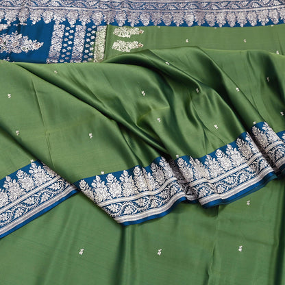 Indian Vintage Sari Heavy Wedding Green blue Pure Satin Silk Woven Brocade Banarasi Sarees Silver Zari 5Yd Dress making Crafting Upcycle