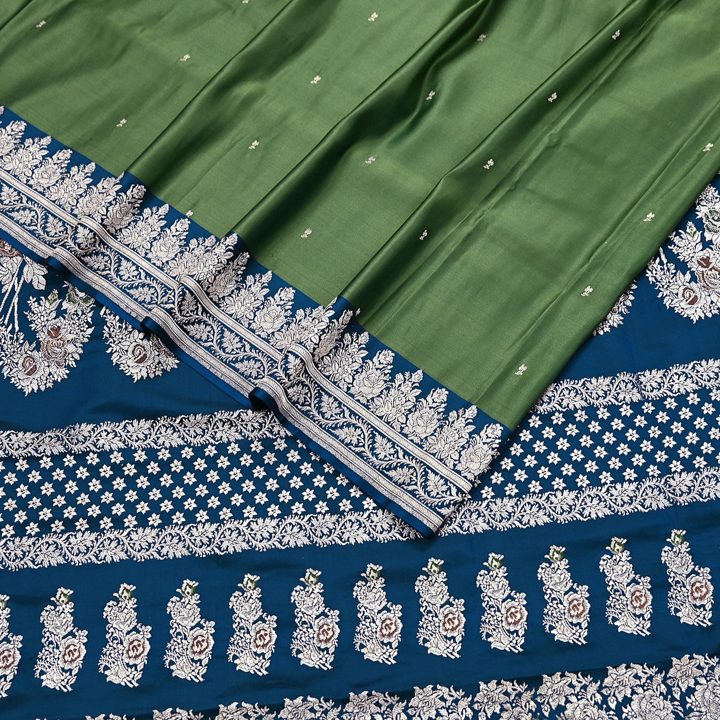 Indian Vintage Sari Heavy Wedding Green blue Pure Satin Silk Woven Brocade Banarasi Sarees Silver Zari 5Yd Dress making Crafting Upcycle