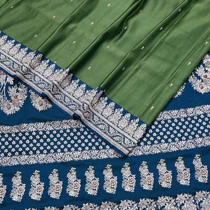 Indian Vintage Sari Heavy Wedding Green blue Pure Satin Silk Woven Brocade Banarasi Sarees Silver Zari 5Yd Dress making Crafting Upcycle
