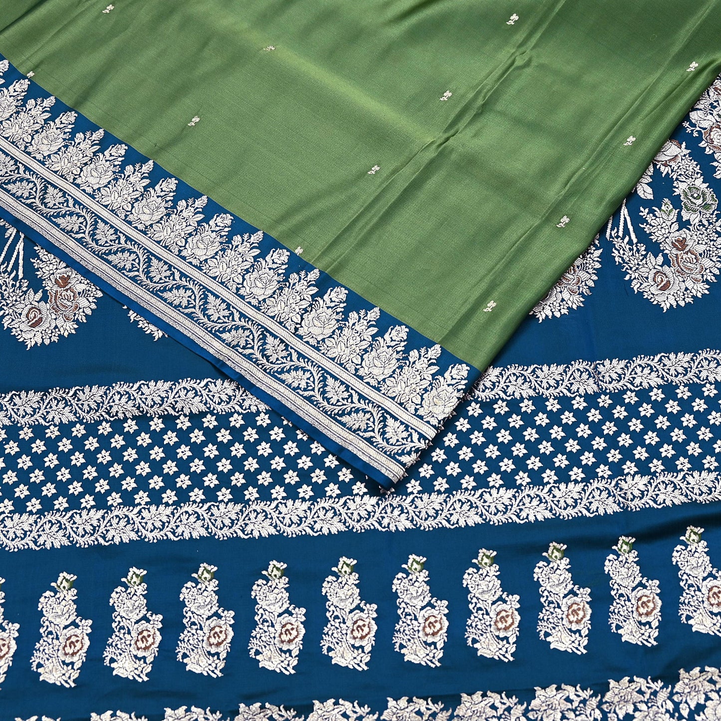 Indian Vintage Sari Heavy Wedding Green blue Pure Satin Silk Woven Brocade Banarasi Sarees Silver Zari 5Yd Dress making Crafting Upcycle
