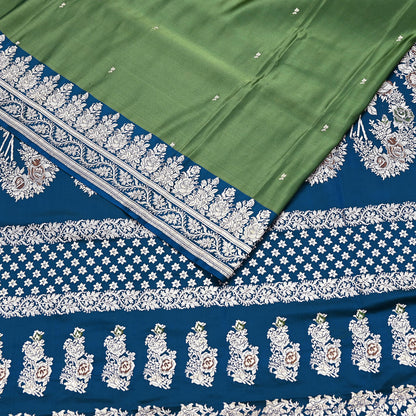 Indian Vintage Sari Heavy Wedding Green blue Pure Satin Silk Woven Brocade Banarasi Sarees Silver Zari 5Yd Dress making Crafting Upcycle