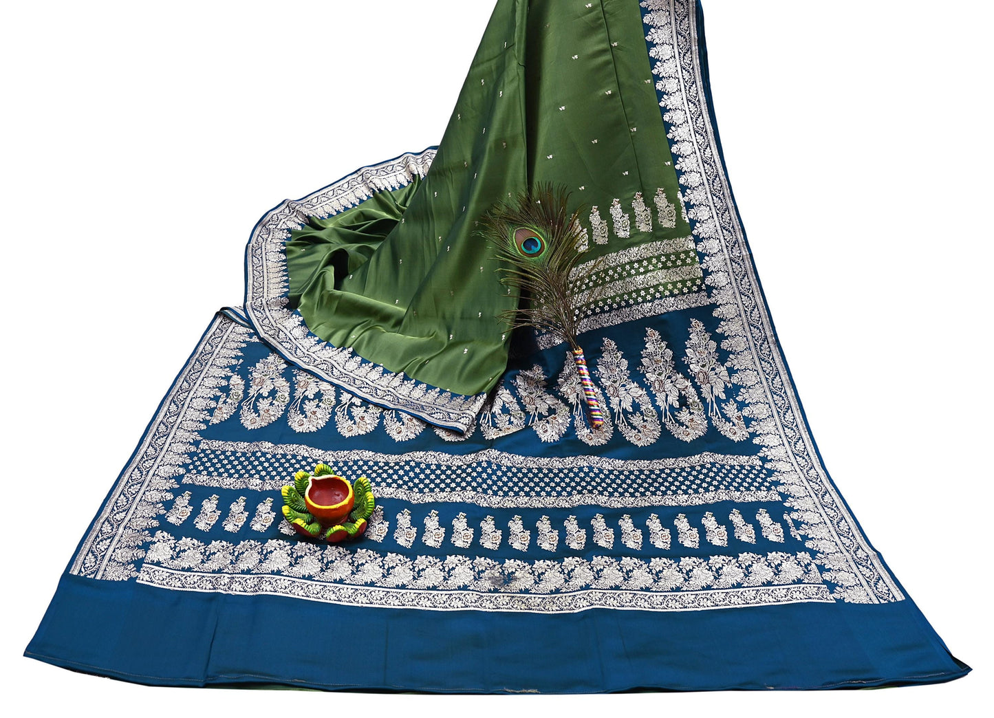 Indian Vintage Sari Heavy Wedding Green blue Pure Satin Silk Woven Brocade Banarasi Sarees Silver Zari 5Yd Dress making Crafting Upcycle