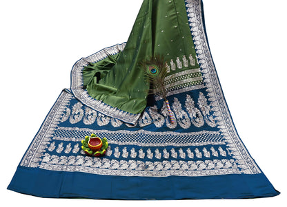 Indian Vintage Sari Heavy Wedding Green blue Pure Satin Silk Woven Brocade Banarasi Sarees Silver Zari 5Yd Dress making Crafting Upcycle
