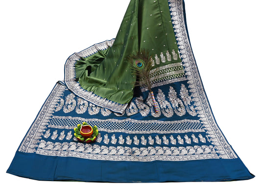 Indian Vintage Sari Heavy Wedding Green blue Pure Satin Silk Woven Brocade Banarasi Sarees Silver Zari 5Yd Dress making Crafting Upcycle