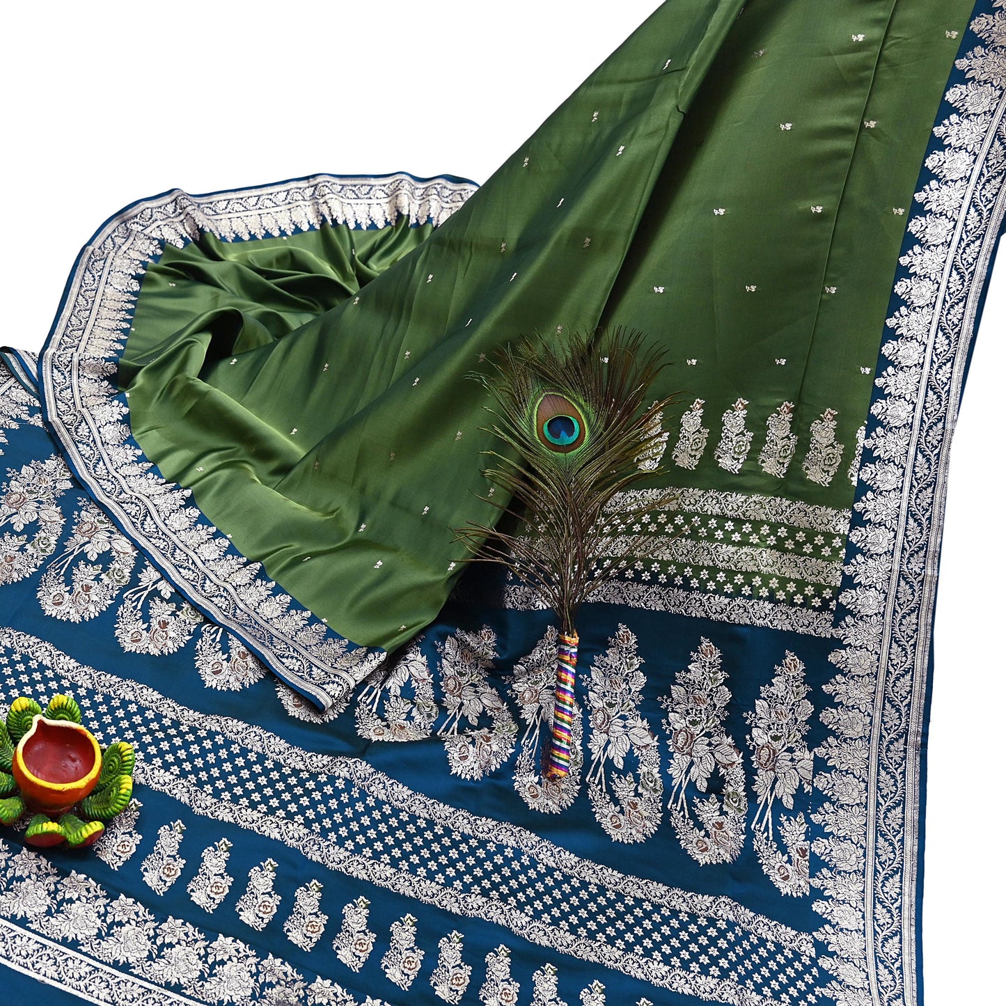 Indian Vintage Sari Heavy Wedding Green blue Pure Satin Silk Woven Brocade Banarasi Sarees Silver Zari 5Yd Dress making Crafting Upcycle