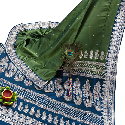 Indian Vintage Sari Heavy Wedding Green blue Pure Satin Silk Woven Brocade Banarasi Sarees Silver Zari 5Yd Dress making Crafting Upcycle