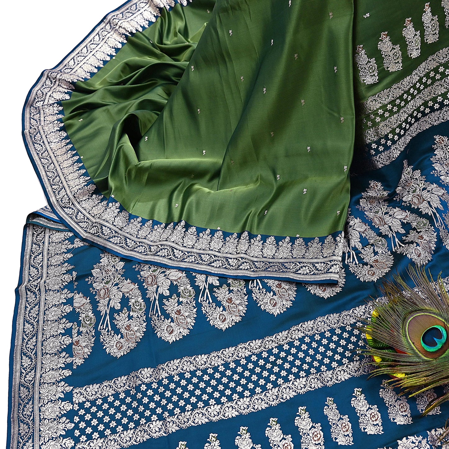 Indian Vintage Sari Heavy Wedding Green blue Pure Satin Silk Woven Brocade Banarasi Sarees Silver Zari 5Yd Dress making Crafting Upcycle