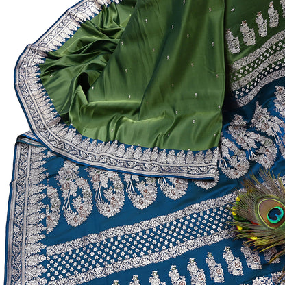 Indian Vintage Sari Heavy Wedding Green blue Pure Satin Silk Woven Brocade Banarasi Sarees Silver Zari 5Yd Dress making Crafting Upcycle