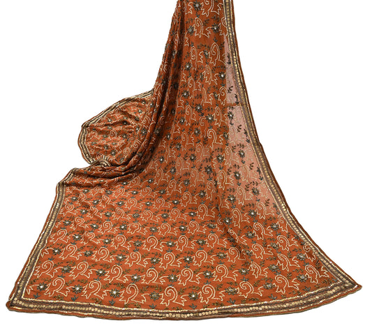 Indian Vintage Brown Dupatta Pure Chiffon silk Long Stole Hand Embroidered Scarves Floral Design Stole Veil Wrap Zari Zardozi