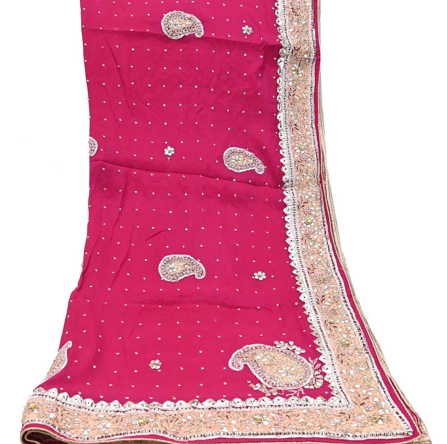 Indian Women Vintage Heavy Pink Dupatta Pure silk Long Stole Hand Embroidered Hijab Scarves Veil Wrap Gota Patti