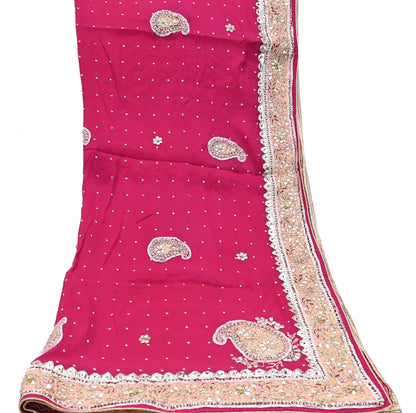 Indian Women Vintage Heavy Pink Dupatta Pure silk Long Stole Hand Embroidered Hijab Scarves Veil Wrap Gota Patti