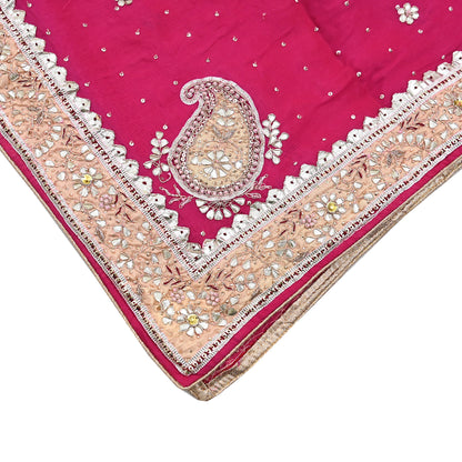 Indian Women Vintage Heavy Pink Dupatta Pure silk Long Stole Hand Embroidered Hijab Scarves Veil Wrap Gota Patti