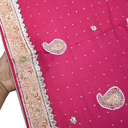 Indian Women Vintage Heavy Pink Dupatta Pure silk Long Stole Hand Embroidered Hijab Scarves Veil Wrap Gota Patti