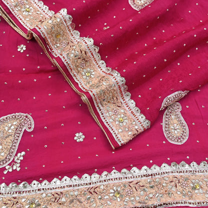 Indian Women Vintage Heavy Pink Dupatta Pure silk Long Stole Hand Embroidered Hijab Scarves Veil Wrap Gota Patti