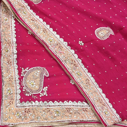 Indian Women Vintage Heavy Pink Dupatta Pure silk Long Stole Hand Embroidered Hijab Scarves Veil Wrap Gota Patti
