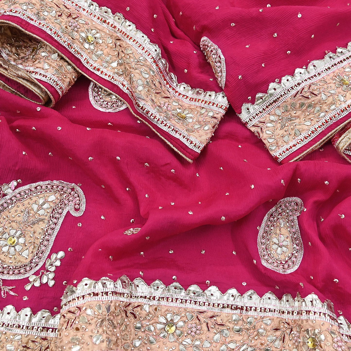 Indian Women Vintage Heavy Pink Dupatta Pure silk Long Stole Hand Embroidered Hijab Scarves Veil Wrap Gota Patti