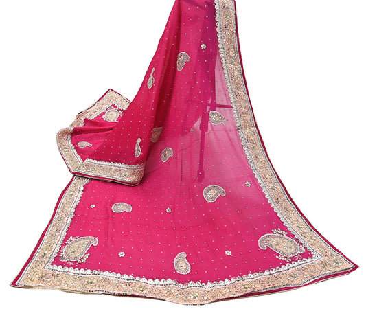 Indian Women Vintage Heavy Pink Dupatta Pure silk Long Stole Hand Embroidered Hijab Scarves Veil Wrap Gota Patti