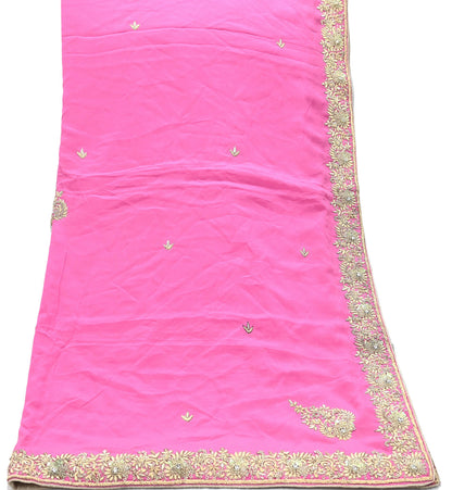 Indian Vintage Heavy Pink Dupatta Pure Crepe Silk Long Stole Hand Embroidered Scarves Dabka Zardozi Zari Scarves Wedding/ Bridal Veil