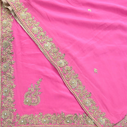 Indian Vintage Heavy Pink Dupatta Pure Crepe Silk Long Stole Hand Embroidered Scarves Dabka Zardozi Zari Scarves Wedding/ Bridal Veil