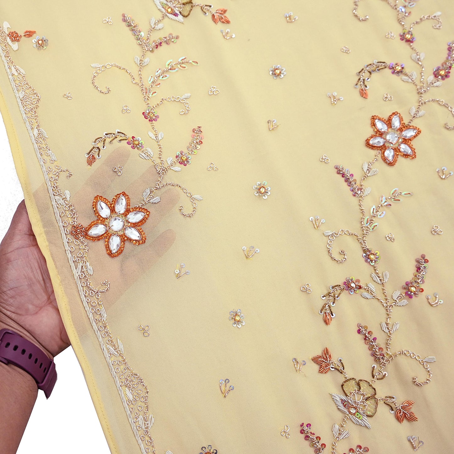 Indian Vintage Heavy yellow Bridal Dupatta Pure Georgette Silk Hand Embroidered Zardozi, Dabka, Zari Work Party Wear Long Stole