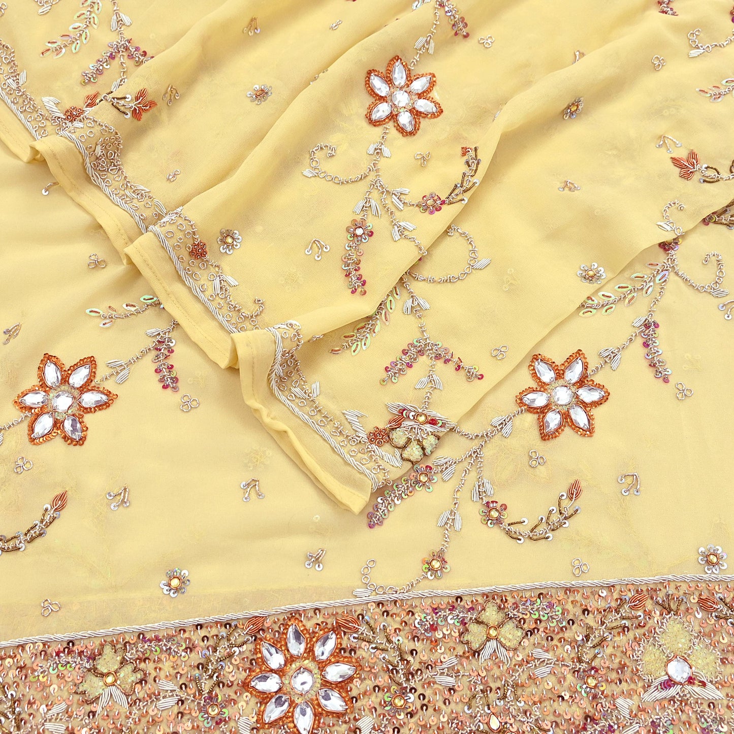 Indian Vintage Heavy yellow Bridal Dupatta Pure Georgette Silk Hand Embroidered Zardozi, Dabka, Zari Work Party Wear Long Stole