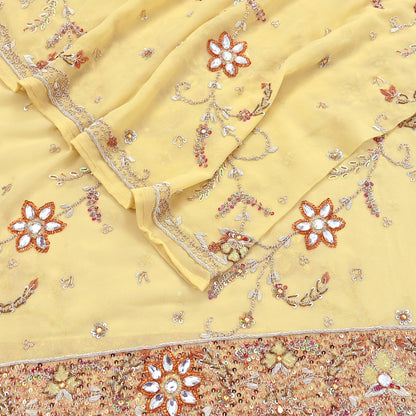 Indian Vintage Heavy yellow Bridal Dupatta Pure Georgette Silk Hand Embroidered Zardozi, Dabka, Zari Work Party Wear Long Stole