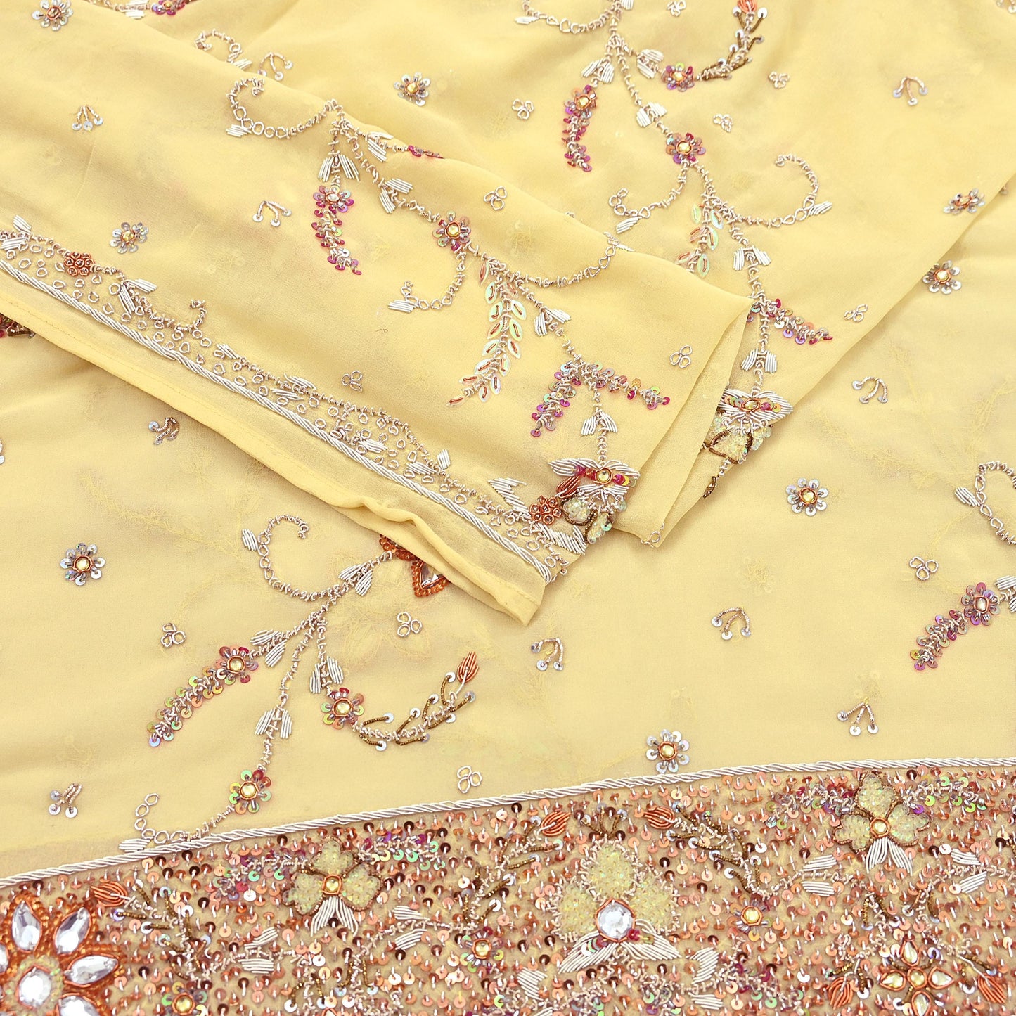 Indian Vintage Heavy yellow Bridal Dupatta Pure Georgette Silk Hand Embroidered Zardozi, Dabka, Zari Work Party Wear Long Stole