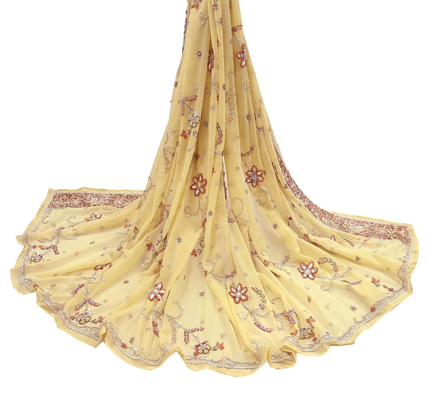 Indian Vintage Heavy yellow Bridal Dupatta Pure Georgette Silk Hand Embroidered Zardozi, Dabka, Zari Work Party Wear Long Stole