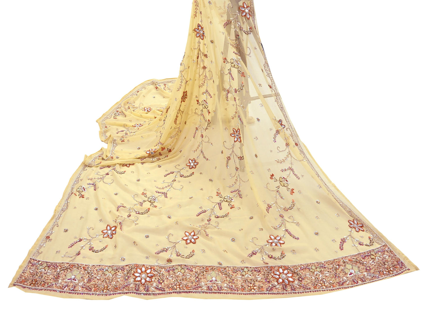 Indian Vintage Heavy yellow Bridal Dupatta Pure Georgette Silk Hand Embroidered Zardozi, Dabka, Zari Work Party Wear Long Stole