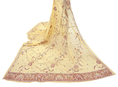 Indian Vintage Heavy yellow Bridal Dupatta Pure Georgette Silk Hand Embroidered Zardozi, Dabka, Zari Work Party Wear Long Stole