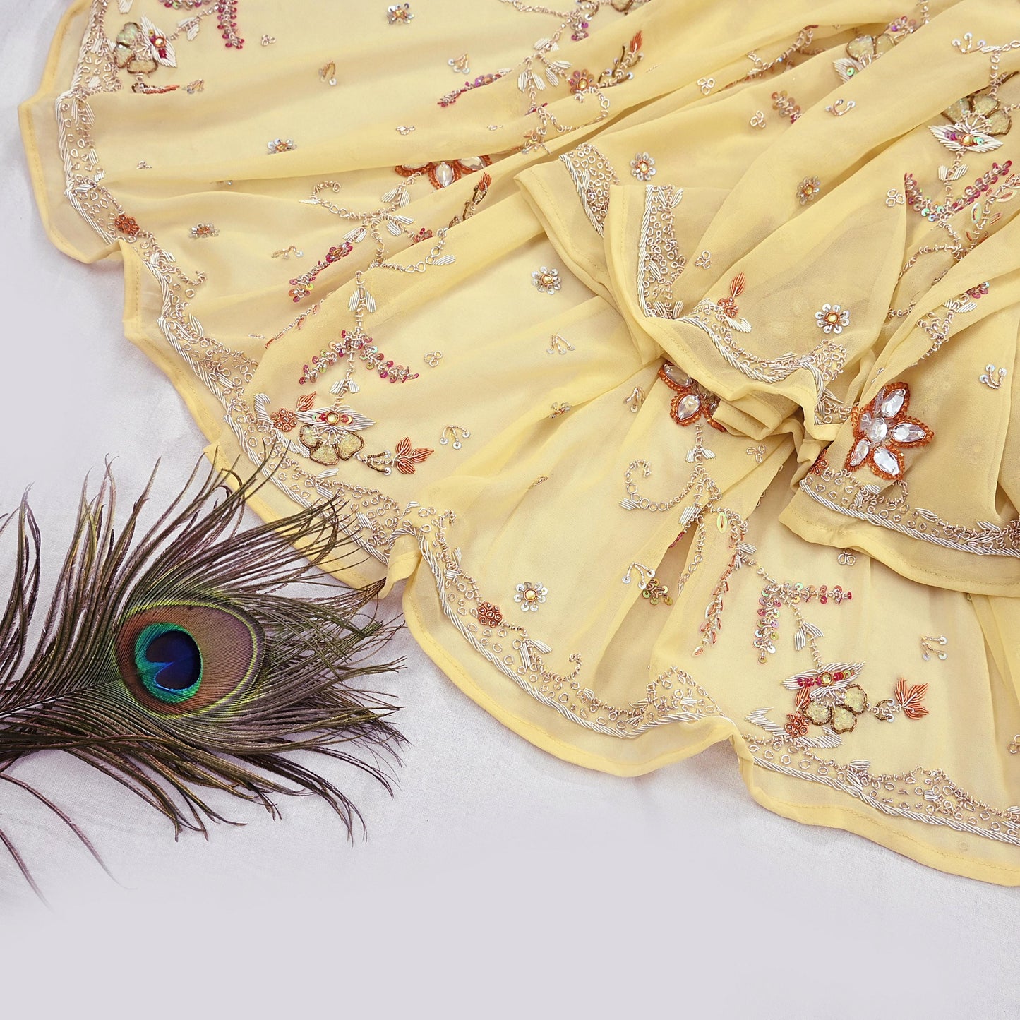 Indian Vintage Heavy yellow Bridal Dupatta Pure Georgette Silk Hand Embroidered Zardozi, Dabka, Zari Work Party Wear Long Stole