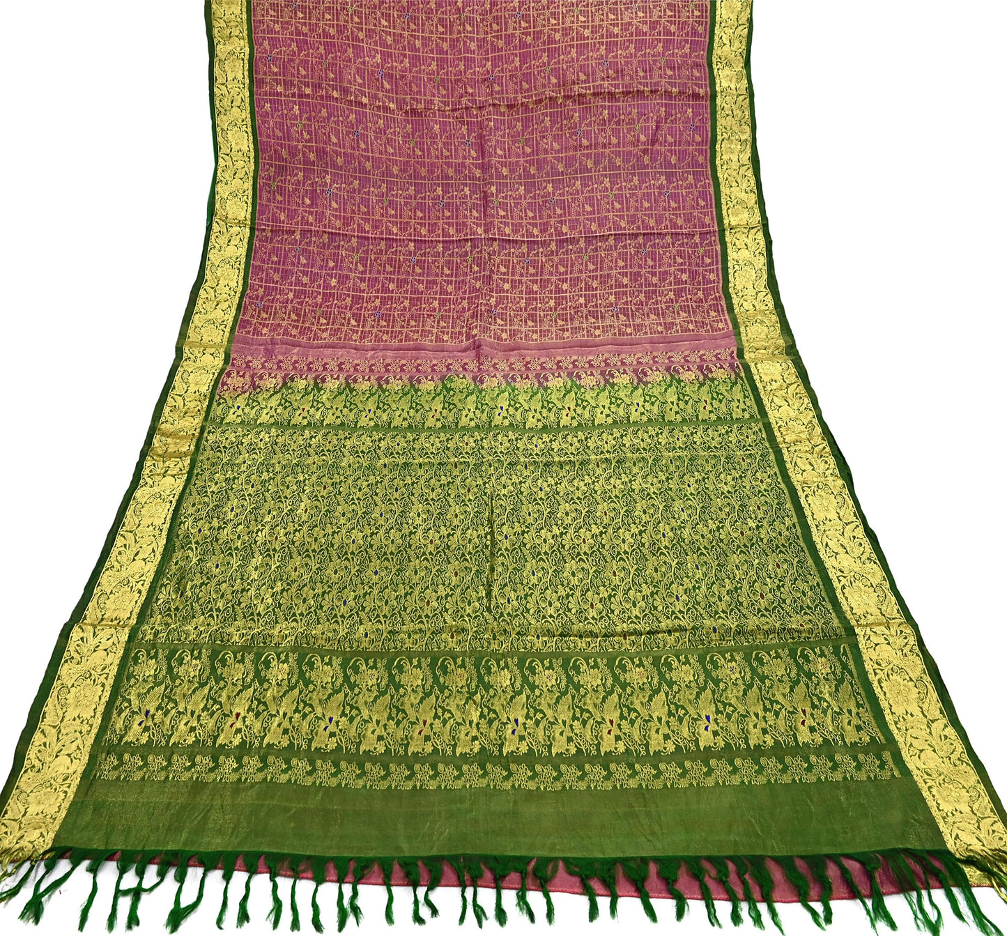 Indian Vintage Heavy pink & green Kanjivaram Saree 100% Pure Silk Sari Metallic Golden Zari 5Yd Floral Crafting Dress making