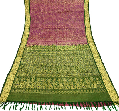 Indian Vintage Heavy pink & green Kanjivaram Saree 100% Pure Silk Sari Metallic Golden Zari 5Yd Floral Crafting Dress making