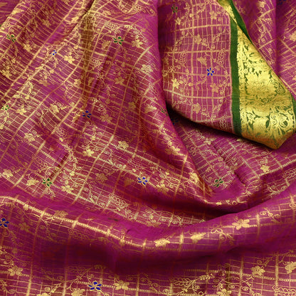 Indian Vintage Heavy pink & green Kanjivaram Saree 100% Pure Silk Sari Metallic Golden Zari 5Yd Floral Crafting Dress making