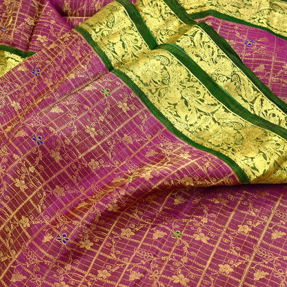 Indian Vintage Heavy pink & green Kanjivaram Saree 100% Pure Silk Sari Metallic Golden Zari 5Yd Floral Crafting Dress making
