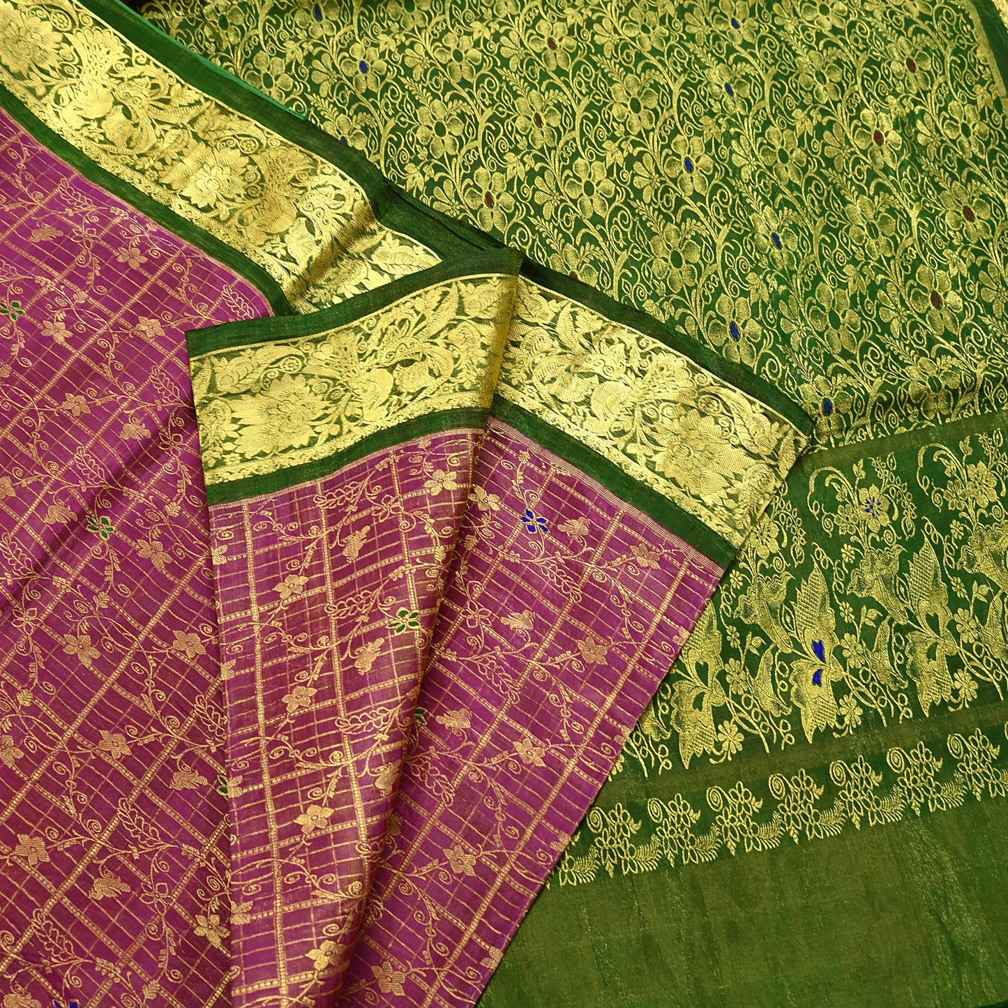 Indian Vintage Heavy pink & green Kanjivaram Saree 100% Pure Silk Sari Metallic Golden Zari 5Yd Floral Crafting Dress making