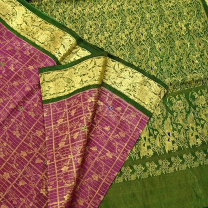 Indian Vintage Heavy pink & green Kanjivaram Saree 100% Pure Silk Sari Metallic Golden Zari 5Yd Floral Crafting Dress making