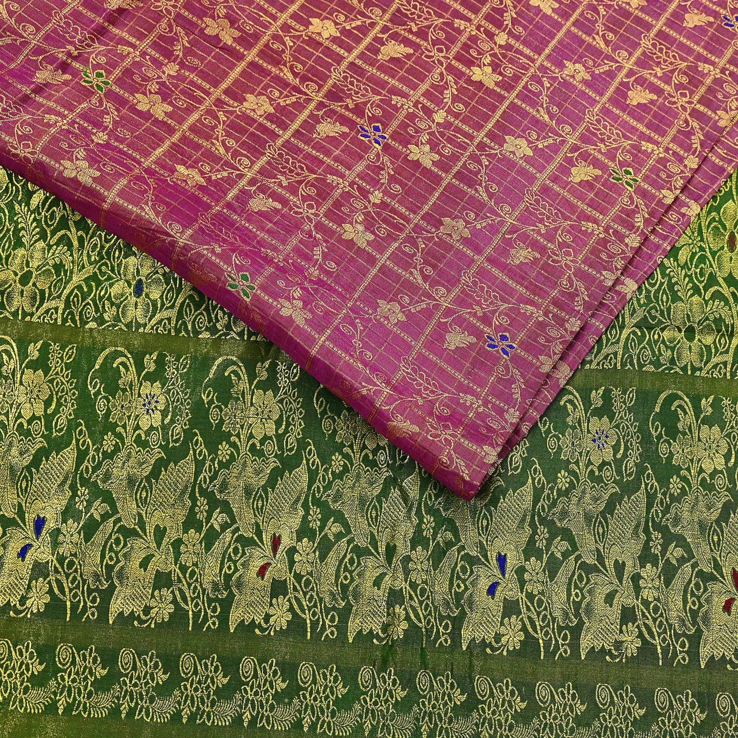 Indian Vintage Heavy pink & green Kanjivaram Saree 100% Pure Silk Sari Metallic Golden Zari 5Yd Floral Crafting Dress making