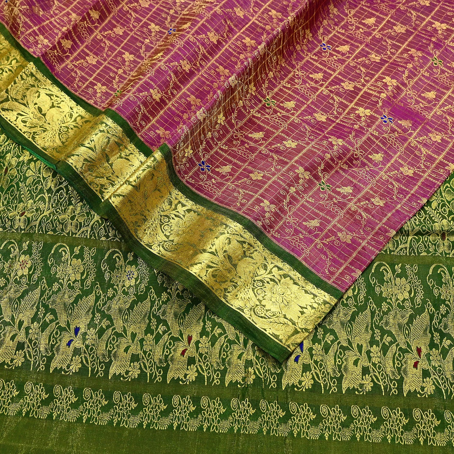 Indian Vintage Heavy pink & green Kanjivaram Saree 100% Pure Silk Sari Metallic Golden Zari 5Yd Floral Crafting Dress making
