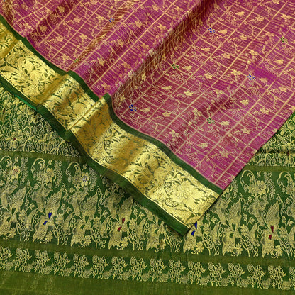 Indian Vintage Heavy pink & green Kanjivaram Saree 100% Pure Silk Sari Metallic Golden Zari 5Yd Floral Crafting Dress making