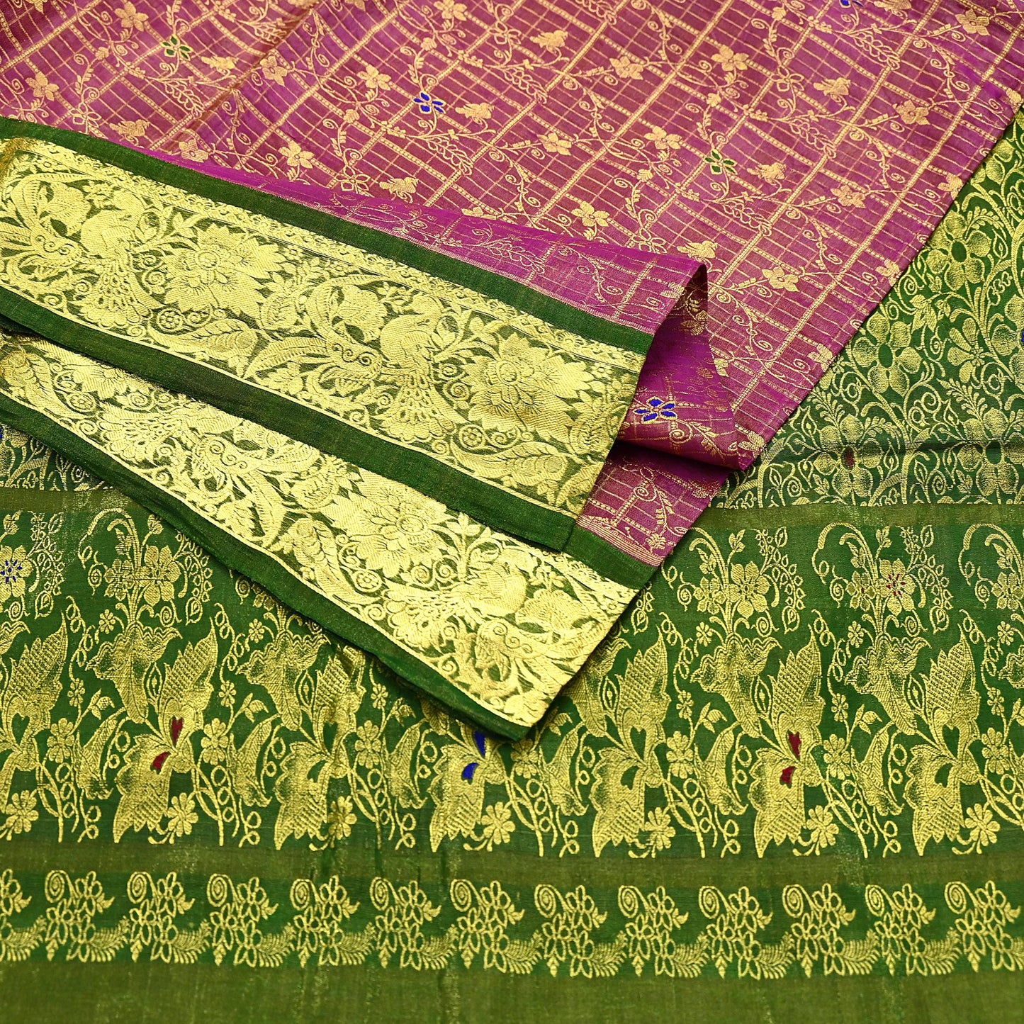 Indian Vintage Heavy pink & green Kanjivaram Saree 100% Pure Silk Sari Metallic Golden Zari 5Yd Floral Crafting Dress making