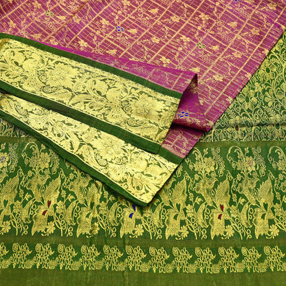 Indian Vintage Heavy pink & green Kanjivaram Saree 100% Pure Silk Sari Metallic Golden Zari 5Yd Floral Crafting Dress making