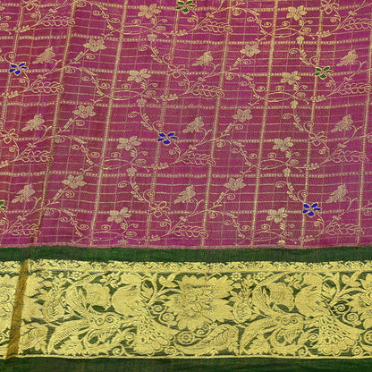 Indian Vintage Heavy pink & green Kanjivaram Saree 100% Pure Silk Sari Metallic Golden Zari 5Yd Floral Crafting Dress making
