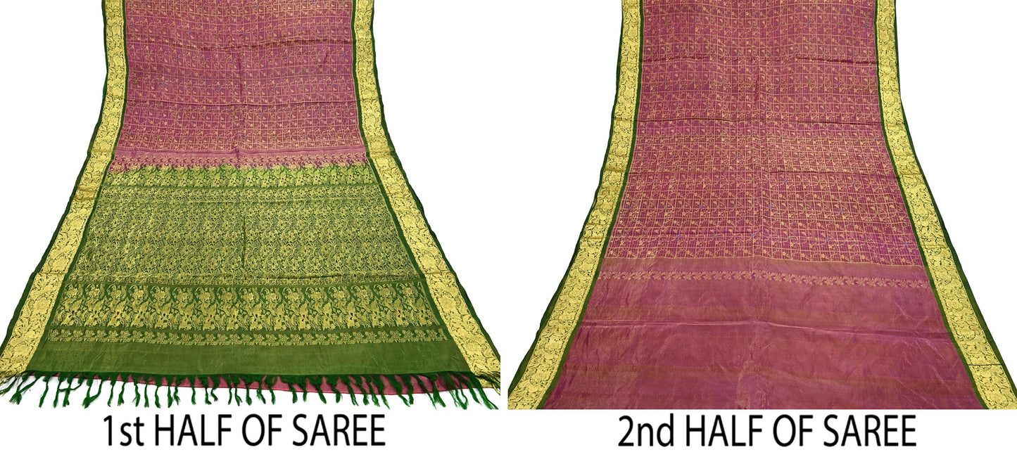 Indian Vintage Heavy pink & green Kanjivaram Saree 100% Pure Silk Sari Metallic Golden Zari 5Yd Floral Crafting Dress making