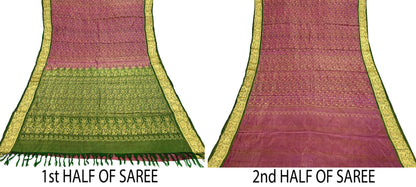 Indian Vintage Heavy pink & green Kanjivaram Saree 100% Pure Silk Sari Metallic Golden Zari 5Yd Floral Crafting Dress making